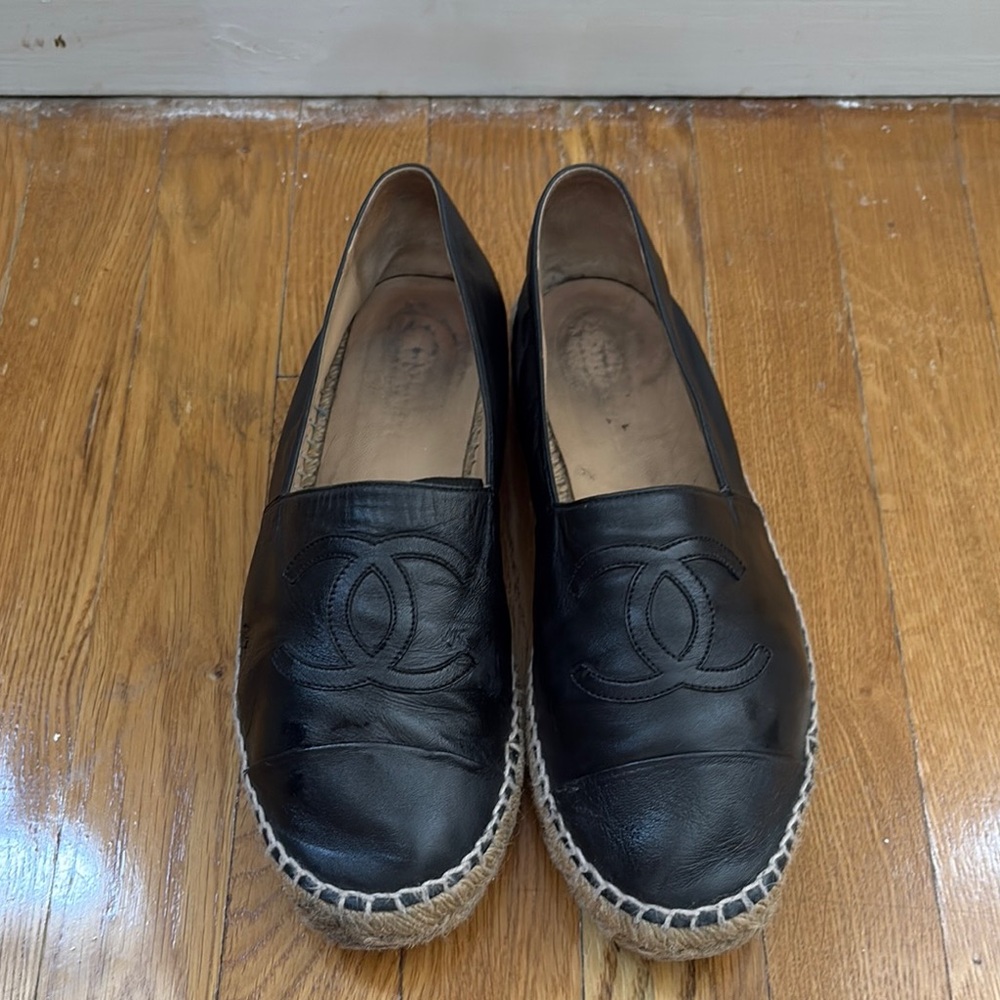 CHANEL Black Leather Espadrilles Box Included